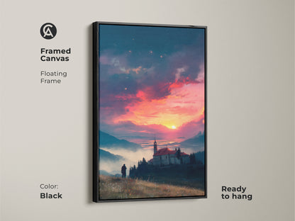 This framed canvas artwork showcases a serene sunset landscape. A floating frame adds elegance. The black frame complements the vibrant colors of the sky and lake. The art is ready to hang. A church and figure enhance the tranquil scene.