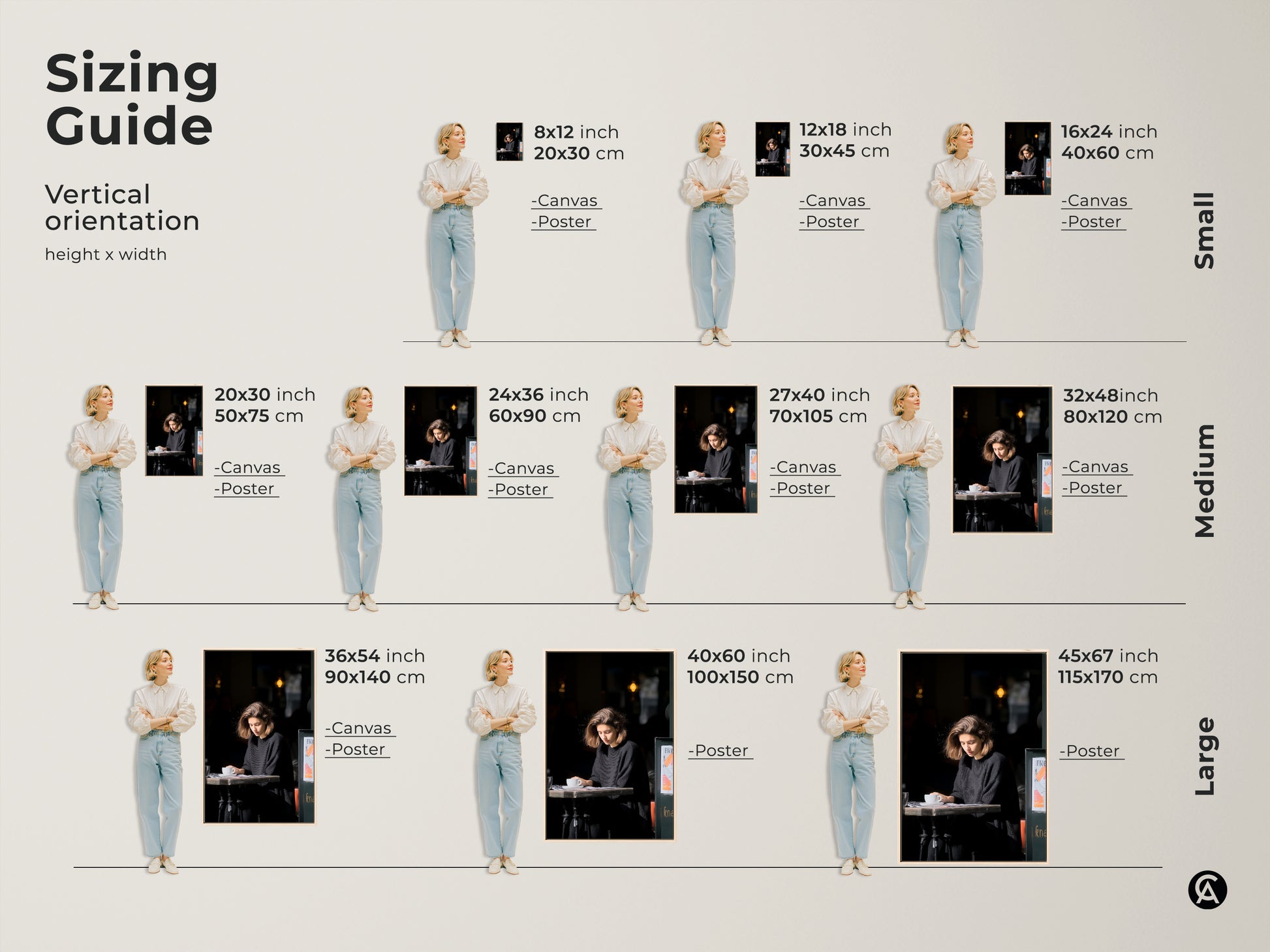 Sizing guide for woman reading art. Available in vertical orientations. Find the perfect fit for canvas and poster prints. Sizes range from small to large for any space.
