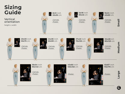 Sizing guide for woman reading art. Available in vertical orientations. Find the perfect fit for canvas and poster prints. Sizes range from small to large for any space.