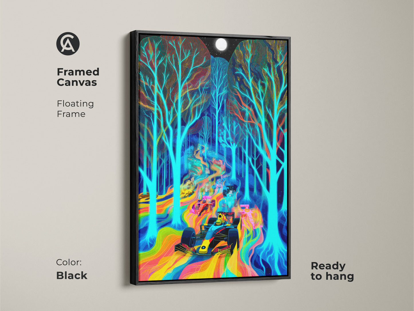 Framed canvas of a neon rainbow F1 car racing through a psychedelic forest. The floating frame enhances the surreal artwork with electric blue trees under a full moon. This is ready to hang and will add a modern touch to your office.