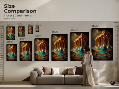 Size comparison of stormy sea Greek temple canvas art. See the different dimensions available for this mythology art print. Features golden architecture on a surreal seascape. Perfect as a unique wall hanging or housewarming gift for ancient history lovers.
