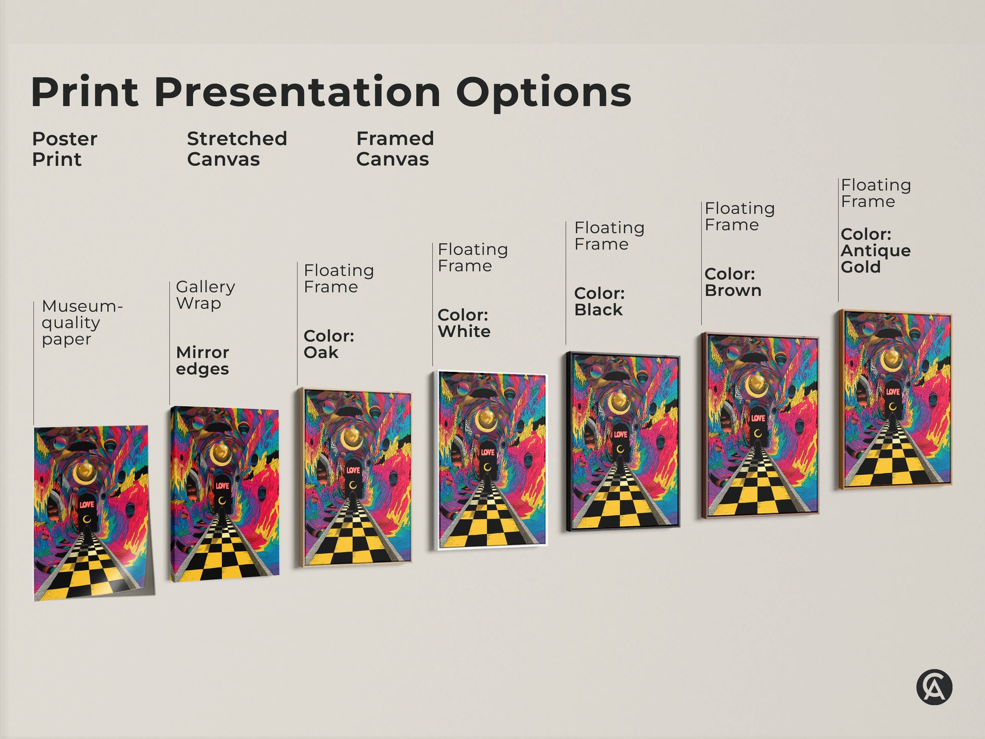 Print presentation options displayed include poster print stretched canvas and framed canvas choices. The Psychedelic Surrealism Canvas features Abstract Love Tunnel Art. The Chessboard Path is available in multiple floating frame colors for bedroom decor.