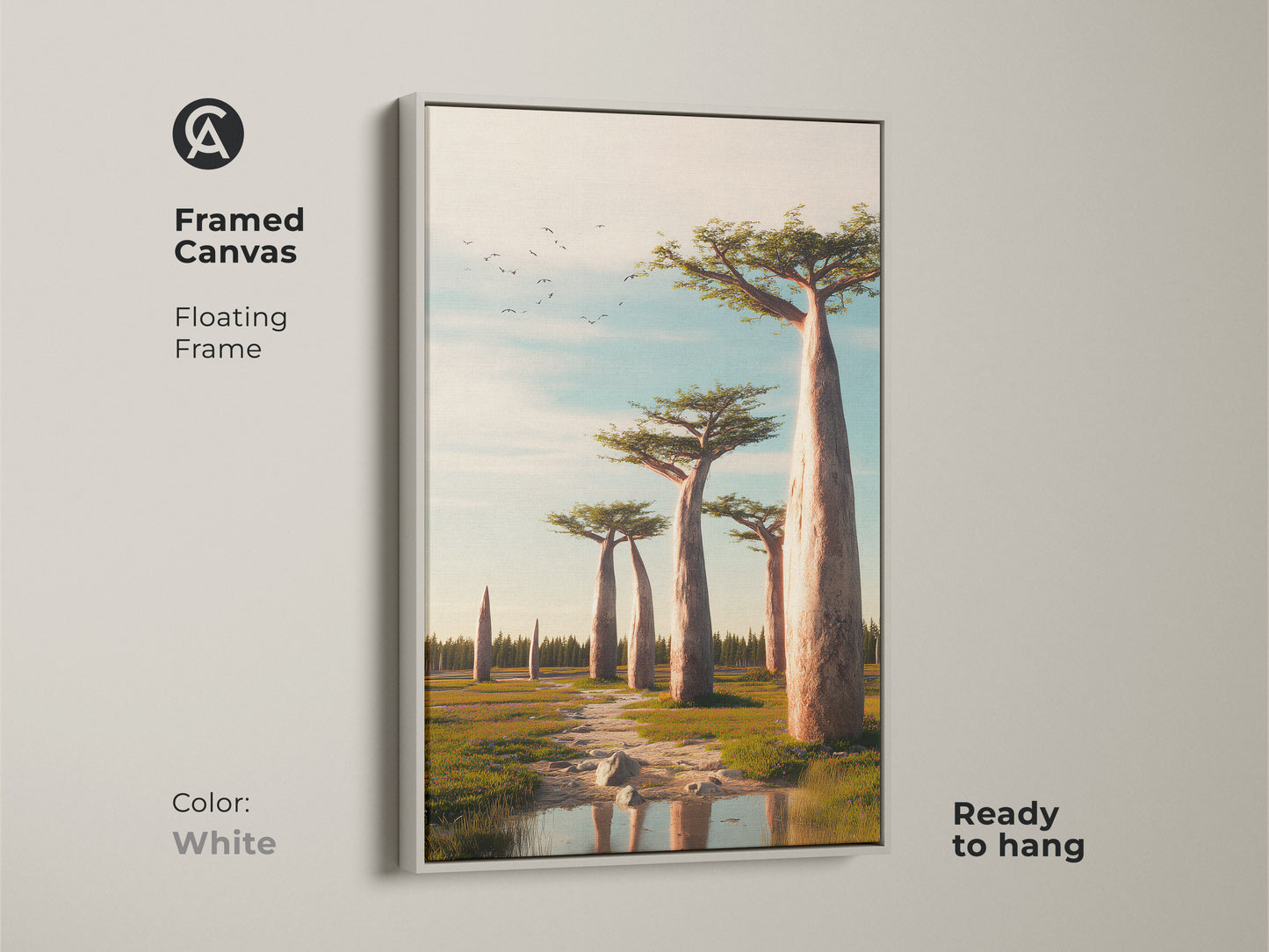 White framed canvas showcasing realistic Baobab trees. This African savanna landscape canvas features natural earth tones. Sky blue accents bring out the beauty. Floating framed art is ready to hang.