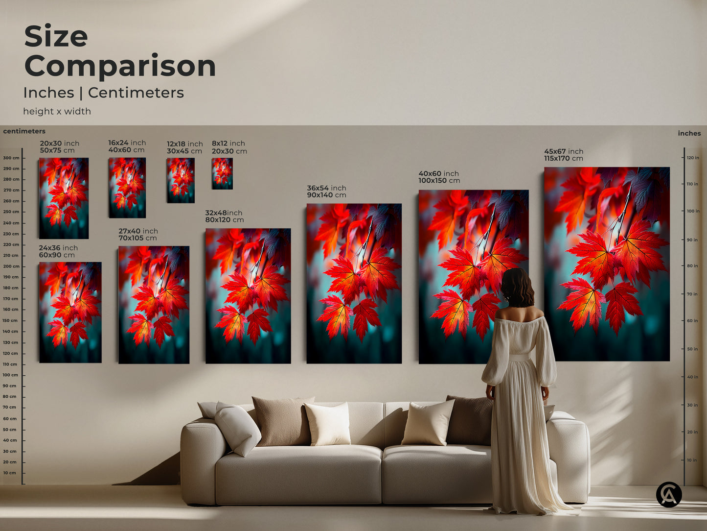 Size comparison of red maple leaves artwork in various dimensions. Visualize the art's impact in your living space with this guide. Choose from canvas and poster prints to enhance your home decor.