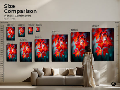 Size comparison of red maple leaves artwork in various dimensions. Visualize the art's impact in your living space with this guide. Choose from canvas and poster prints to enhance your home decor.