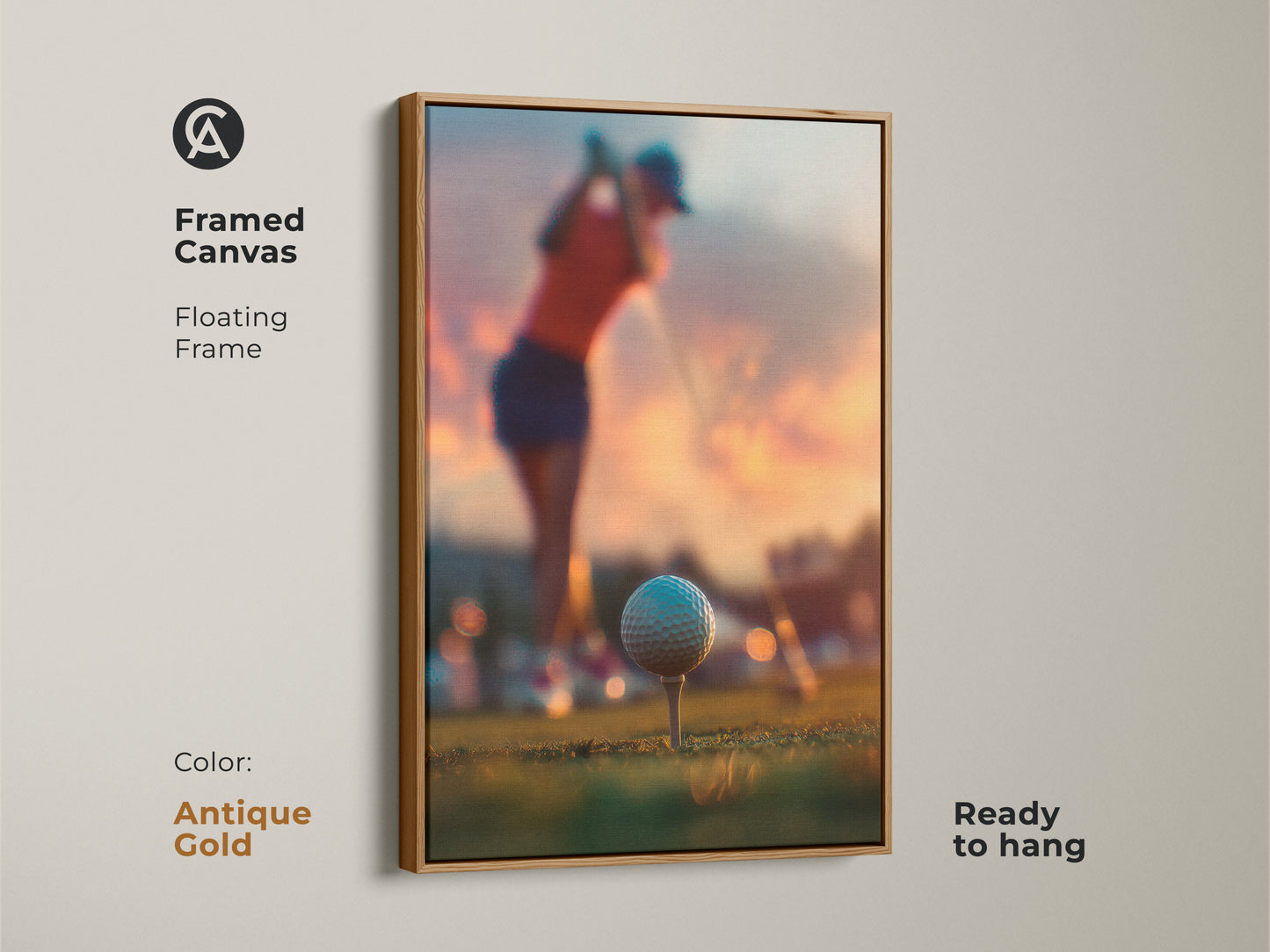 Framed canvas of golf art in an antique gold floating frame. Artwork of a golfer mid-swing. The golf ball is teed up for action. Sunset creates a perfect backdrop. Ready to hang golf art. This sports art is a great addition to any wall.