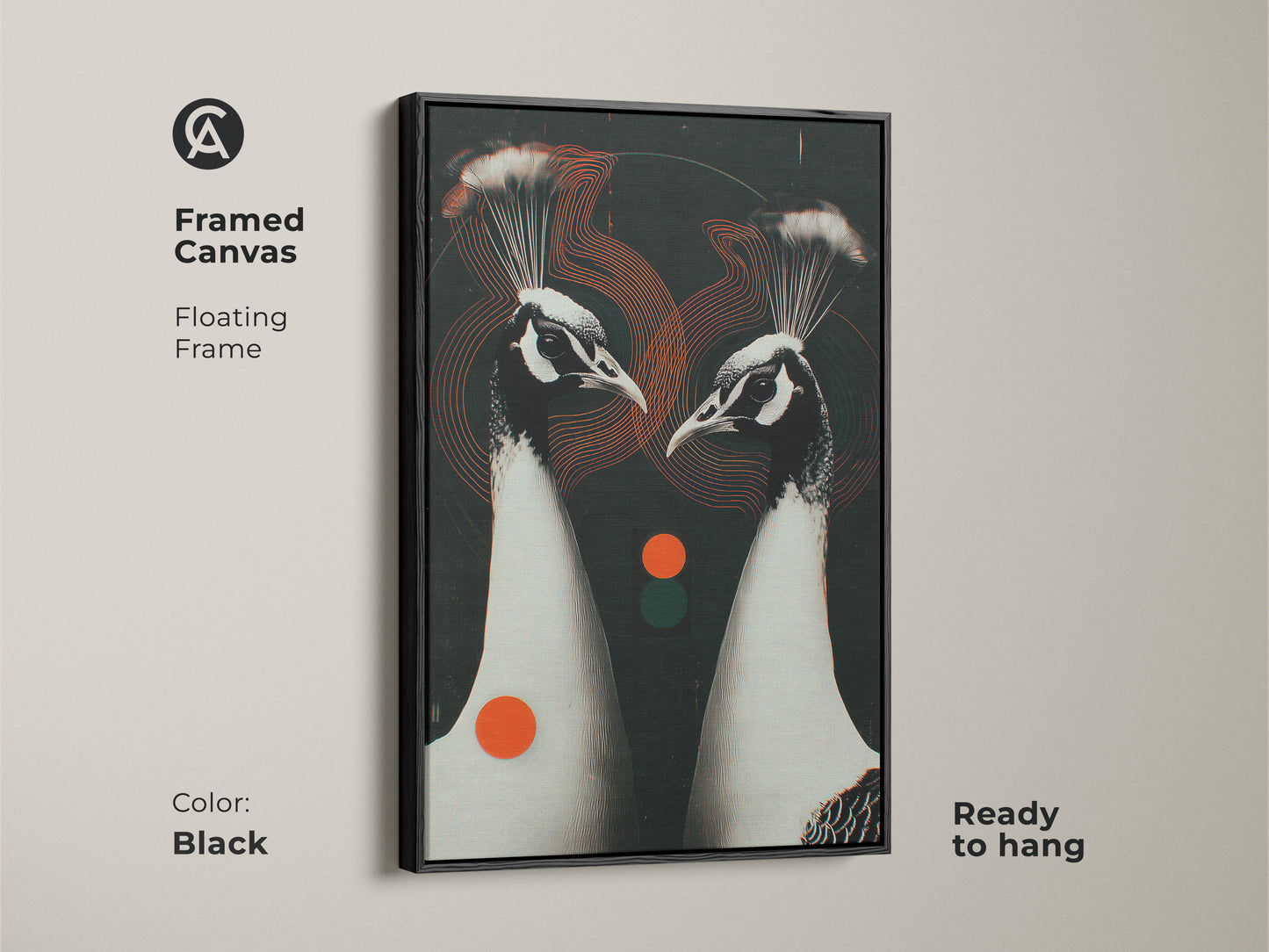 Black framed canvas featuring a Geometric Peacock Couple. This floating frame artwork is ready to hang. The animal art decor has contemporary black white and red accents. Ideal for a modern living room.