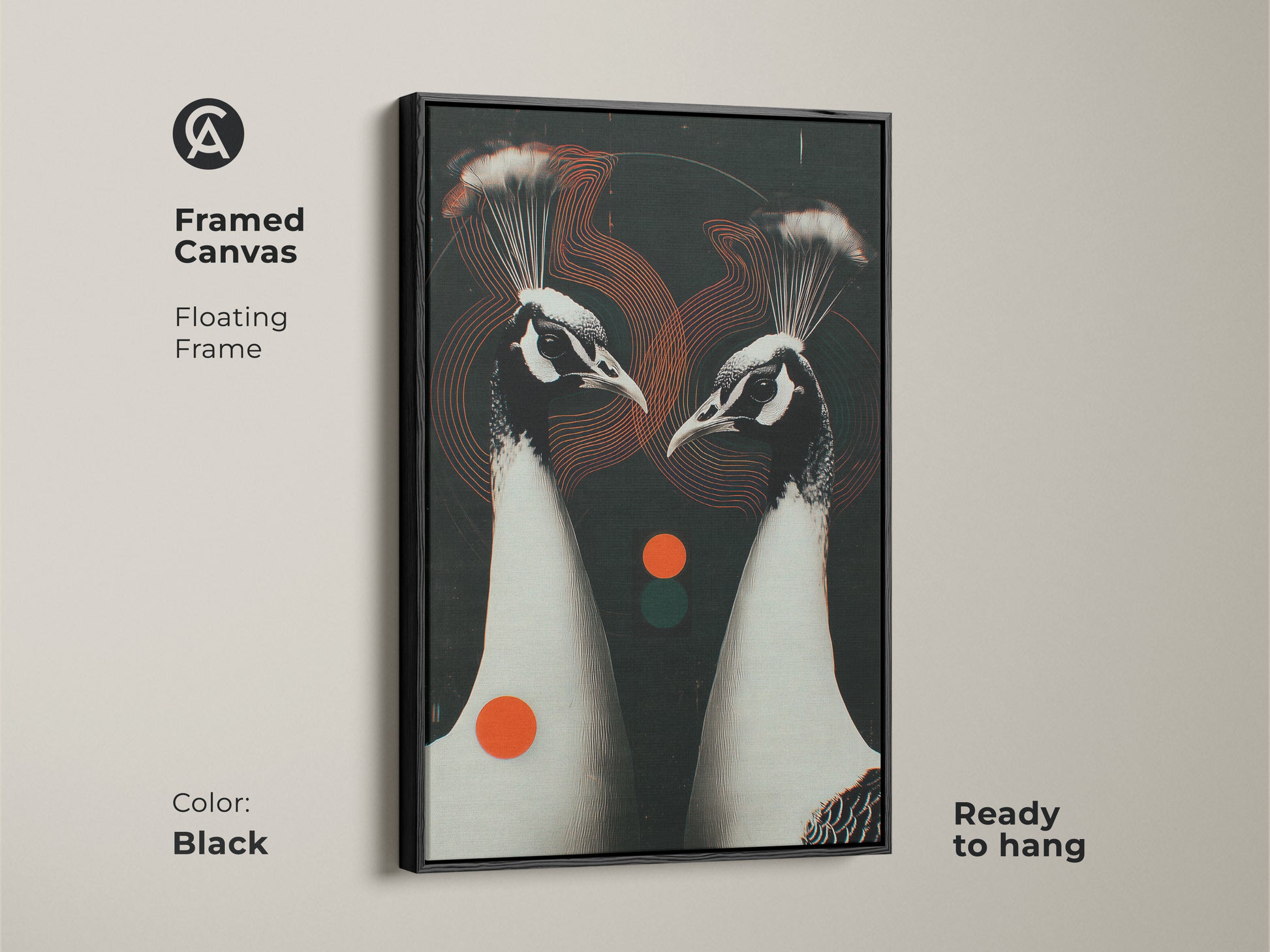 Black framed canvas featuring a Geometric Peacock Couple. This floating frame artwork is ready to hang. The animal art decor has contemporary black white and red accents. Ideal for a modern living room.
