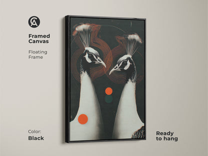 Black framed canvas featuring a Geometric Peacock Couple. This floating frame artwork is ready to hang. The animal art decor has contemporary black white and red accents. Ideal for a modern living room.
