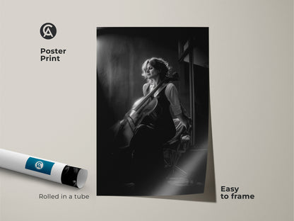 Poster print of a cellist portrait in monochrome. Easy to frame classical music wall art. Rolled in a tube for protection this artwork is a perfect addition to any space. It's an ideal gift for musicians and those who appreciate elegant black and white artwork.
