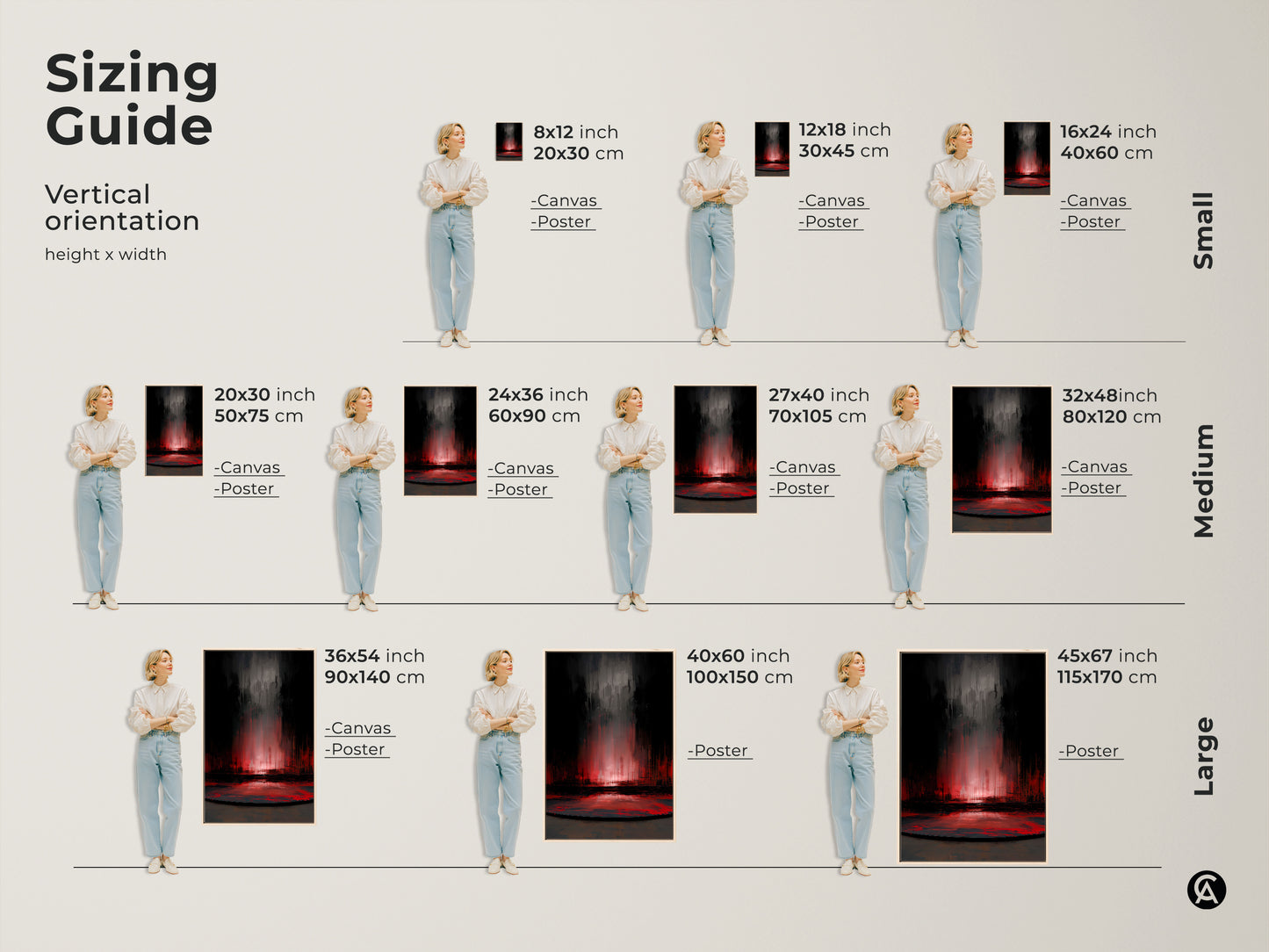 Sizing guide for vertical abstract artwork. Visuals show canvas and poster options in sizes from small to large. This crimson and dark grey art can be tailored to fit any space. Whether it's an 8x12 inch print or a 45x67 inch canvas the high-contrast piece will make a stylish statement.