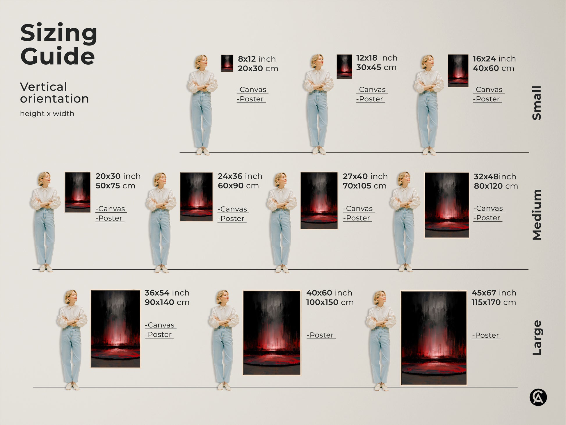 Sizing guide for vertical abstract artwork. Visuals show canvas and poster options in sizes from small to large. This crimson and dark grey art can be tailored to fit any space. Whether it's an 8x12 inch print or a 45x67 inch canvas the high-contrast piece will make a stylish statement.
