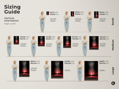 Sizing guide for vertical abstract artwork. Visuals show canvas and poster options in sizes from small to large. This crimson and dark grey art can be tailored to fit any space. Whether it's an 8x12 inch print or a 45x67 inch canvas the high-contrast piece will make a stylish statement.