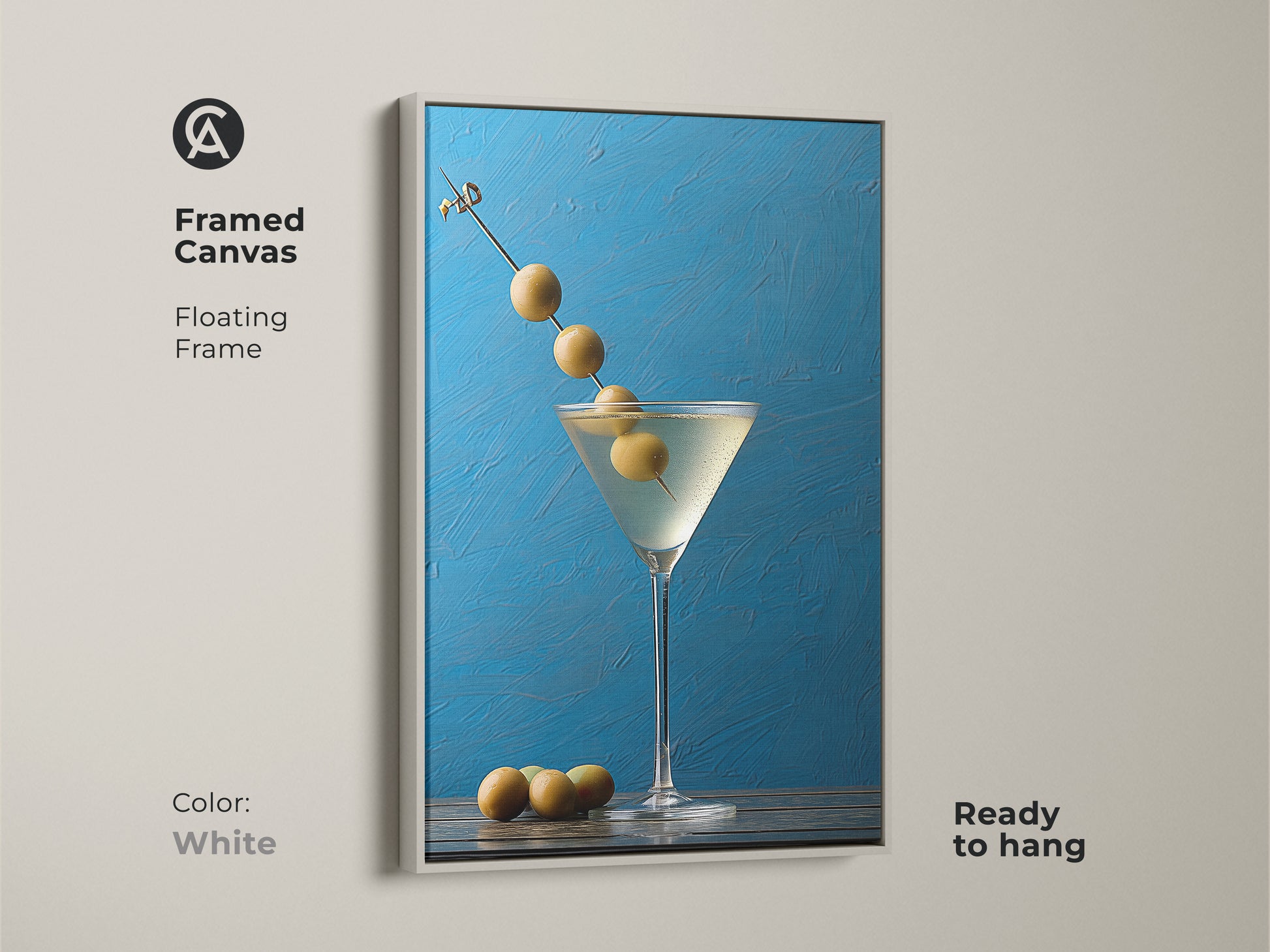 Framed canvas with a white floating frame displaying a martini glass art. Contemporary gift for minimalist bar art. This still life artwork is ready to hang. Modern kitchen decor with an azure blue background. Perfect for stylish bar wall art and home bar decoration.