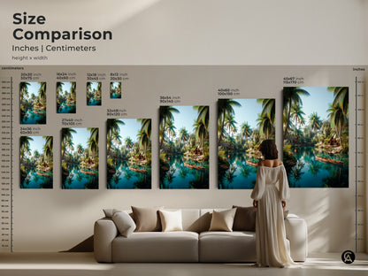 Size comparison of tropical lake artwork in inches and centimeters. See how the art looks above a sofa. Available in various sizes this artwork features a calm lake with palm trees and a boat. Choose the perfect size to complement your home decor.