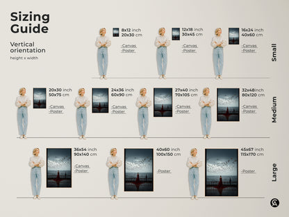 This is a sizing guide for vertical coastal couple artwork. Available sizes include 8x12 12x18 16x24 20x30 24x36 27x40 32x48 36x54 40x60 and 45x67 inches. Find the perfect size for your romantic anniversary gift or modern seascape canvas.