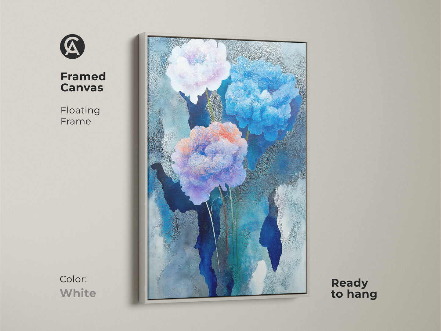 Residential space art print with sky blue peony wall art. Contemporary floral decor as a housewarming gift for her. Deep blue floral canvas art for office wall decor.
