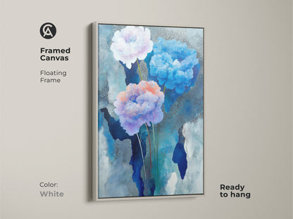 Residential space art print with sky blue peony wall art. Contemporary floral decor as a housewarming gift for her. Deep blue floral canvas art for office wall decor.