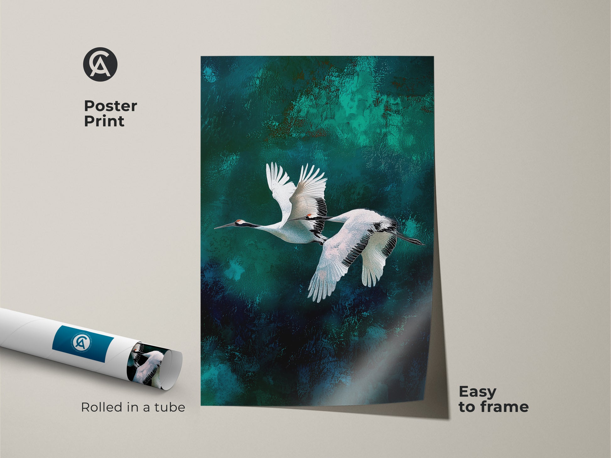 Image of abstract crane wall art presented as a poster print. This minimalist flying cranes design is delivered rolled in a tube. A teal emerald canvas print evokes modern nature decor. Frame it for a stylish touch.