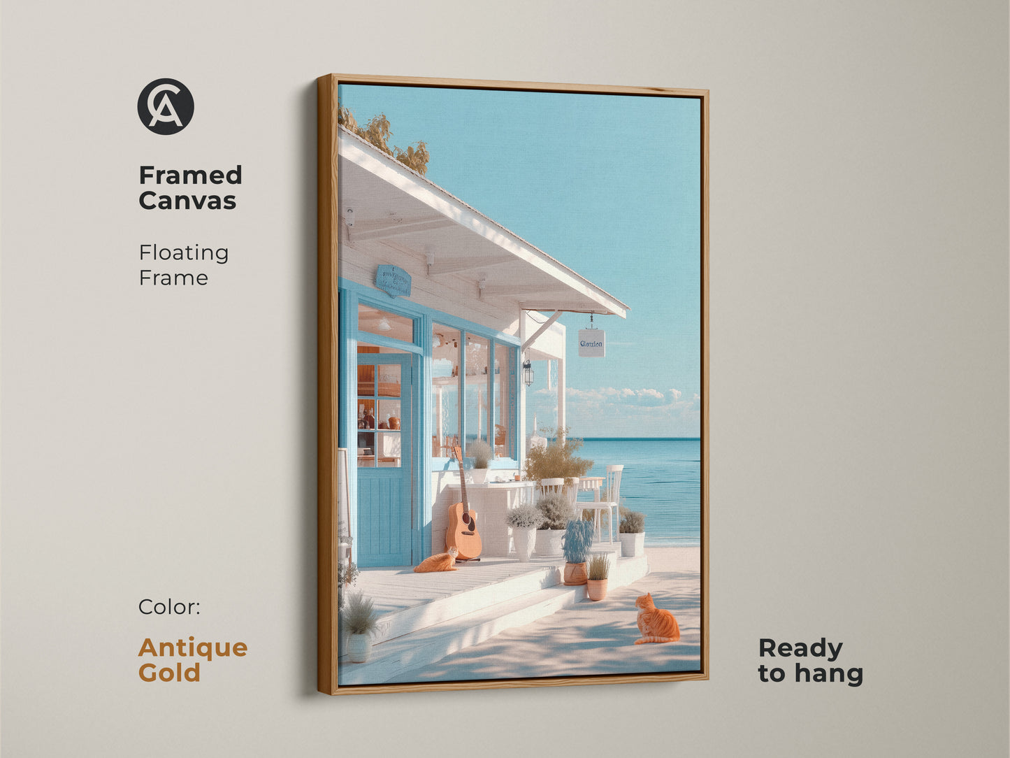 Antique gold framed canvas art print of a serene beach cafe scene. The floating frame enhances the artwork's elegance. An orange cat and guitar bring a touch of charm. Ready to hang this print adds sophistication to any room.
