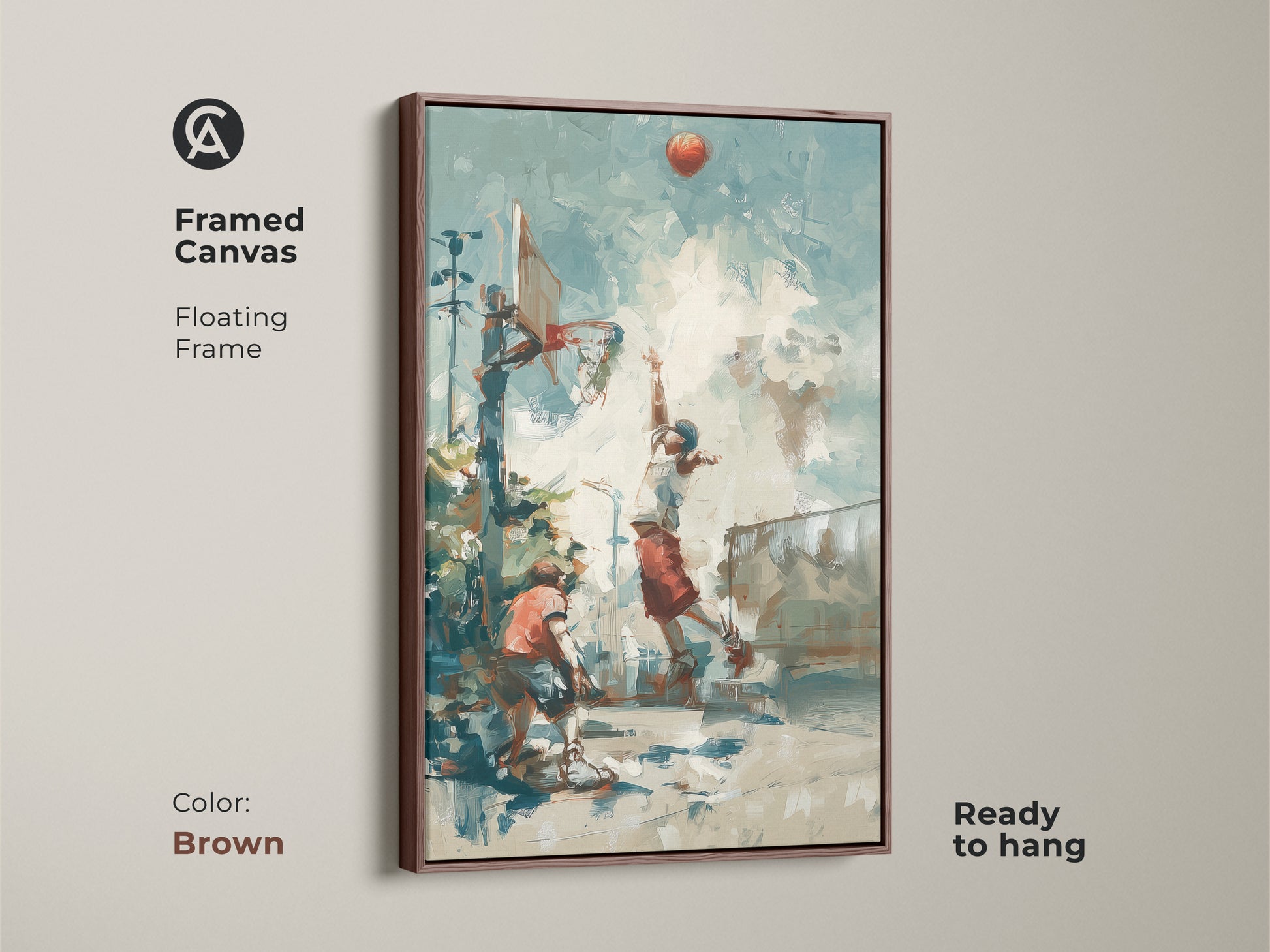 Enhance your decor with this framed basketball art. The brown floating frame adds a touch of sophistication. The artwork showcases an exciting street basketball scene. It is ready to hang and enjoy. Perfect for basketball fans. Add a sporty touch to any room