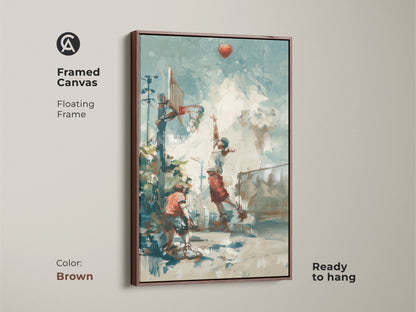 Enhance your decor with this framed basketball art. The brown floating frame adds a touch of sophistication. The artwork showcases an exciting street basketball scene. It is ready to hang and enjoy. Perfect for basketball fans. Add a sporty touch to any room
