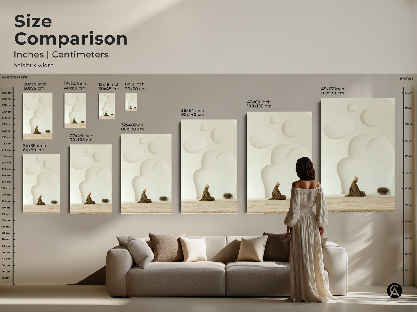 Size Comparison of Zen elderly man artwork. Inches and Centimeters shown. Visualize the artwork size relative to furniture. Ranging from small to extra large prints this minimalist cream abstract painting will enhance your home decor.
