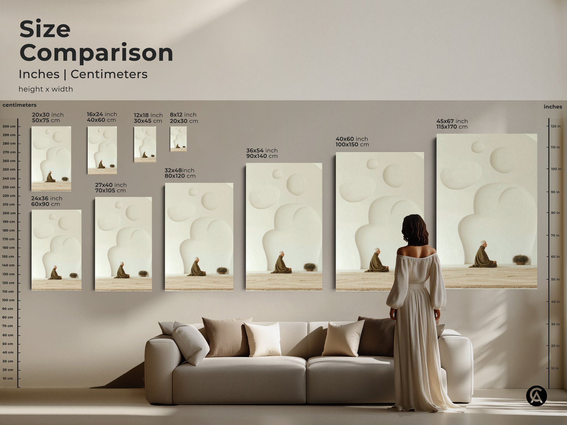Size Comparison of Zen elderly man artwork. Inches and Centimeters shown. Visualize the artwork size relative to furniture. Ranging from small to extra large prints this minimalist cream abstract painting will enhance your home decor.