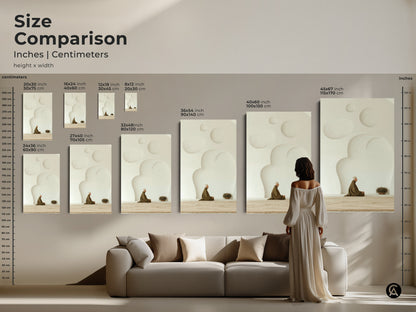 Size Comparison of Zen elderly man artwork. Inches and Centimeters shown. Visualize the artwork size relative to furniture. Ranging from small to extra large prints this minimalist cream abstract painting will enhance your home decor.