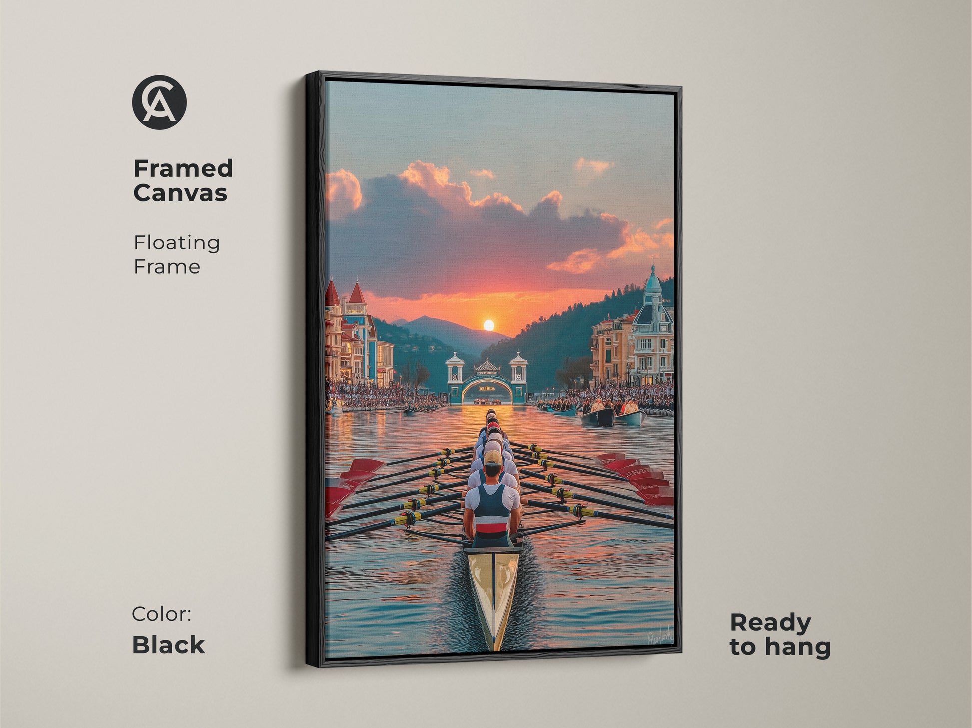 Black Framed Canvas of a Rowing Boat at Sunset. The floating frame enhances the nautical sports artwork. It is ready to hang. Ideal wall art for rowing enthusiasts. This racing boat artwork adds contemporary style to any room.