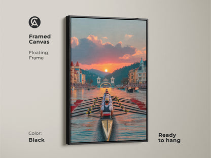 Black Framed Canvas of a Rowing Boat at Sunset. The floating frame enhances the nautical sports artwork. It is ready to hang. Ideal wall art for rowing enthusiasts. This racing boat artwork adds contemporary style to any room.