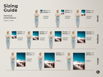 Sizing guide for abstract desert art prints. Vertical orientation sizes from 8x12 to 45x67 inches. Available as canvas or poster prints. Perfect wall art for living room. Visualize the scale with our display examples. Find the ideal fit for your entry hall wall art decor.
