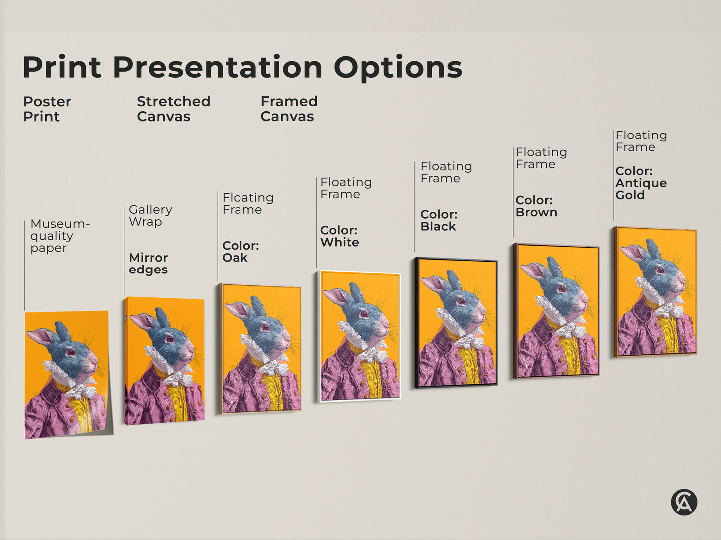 Print presentation options for a rabbit artwork. Choose from poster print stretched canvas or framed canvas. Available with various floating frame colors. Find the perfect option for your home.