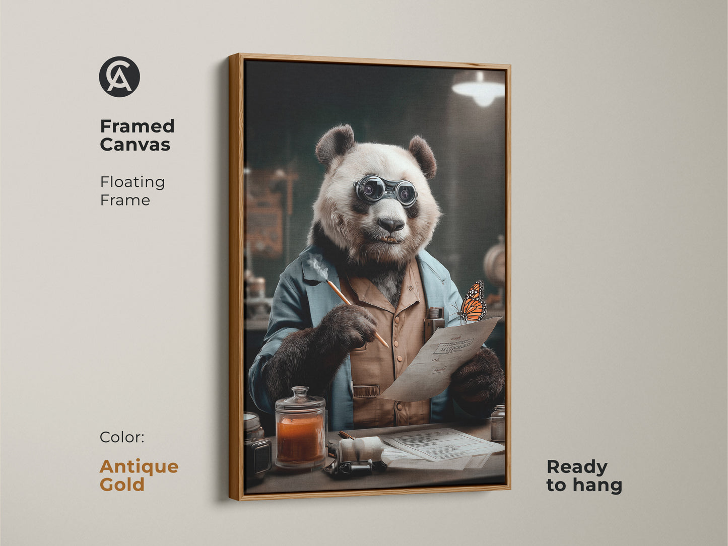 Framed canvas print in a floating antique gold frame. The artwork shows a panda dressed as a scientist with spectacles. This panda scientist wall art is ready to hang. It makes for eclectic animal wall decor or a unique gift for animal lovers.