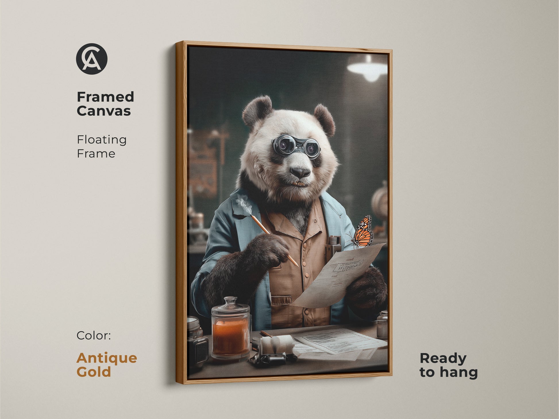 Framed canvas print in a floating antique gold frame. The artwork shows a panda dressed as a scientist with spectacles. This panda scientist wall art is ready to hang. It makes for eclectic animal wall decor or a unique gift for animal lovers.