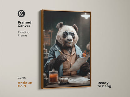 Framed canvas print in a floating antique gold frame. The artwork shows a panda dressed as a scientist with spectacles. This panda scientist wall art is ready to hang. It makes for eclectic animal wall decor or a unique gift for animal lovers.