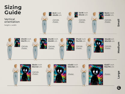 Sizing guide for vertical art prints. See the black figure artwork in various sizes. Options include canvas and poster prints. Find the perfect size for your space.