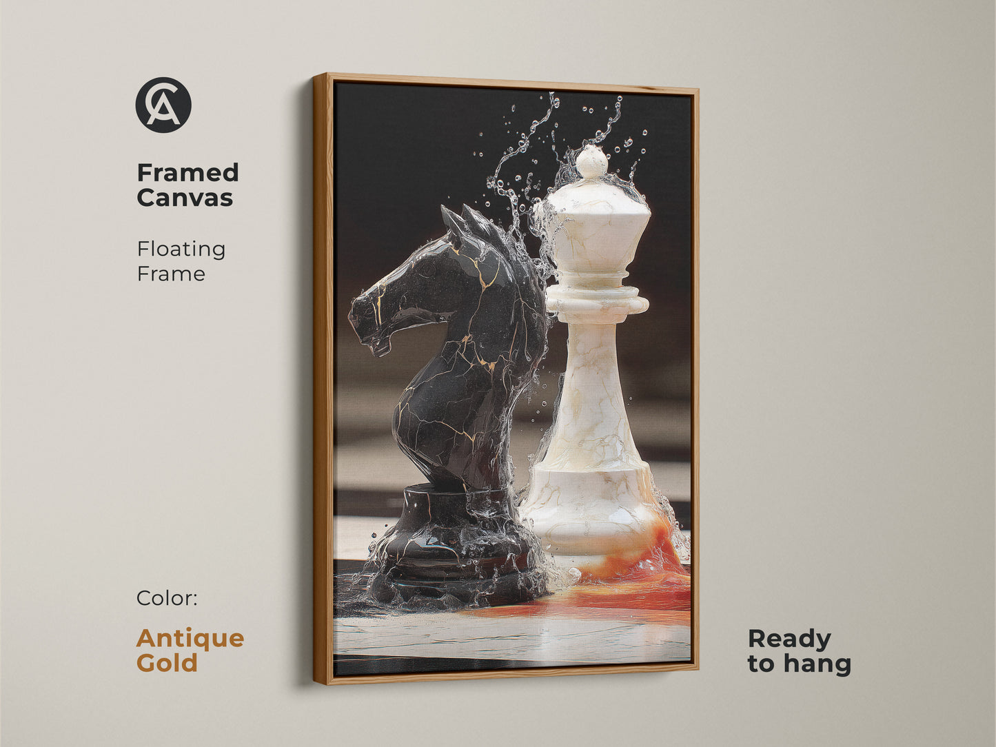 Chess themed modern art in an antique gold frame features a black knight and white queen. This framed canvas is ready to hang as office decor or study room print. Its unique artistic chess pieces create sophisticated wall art.