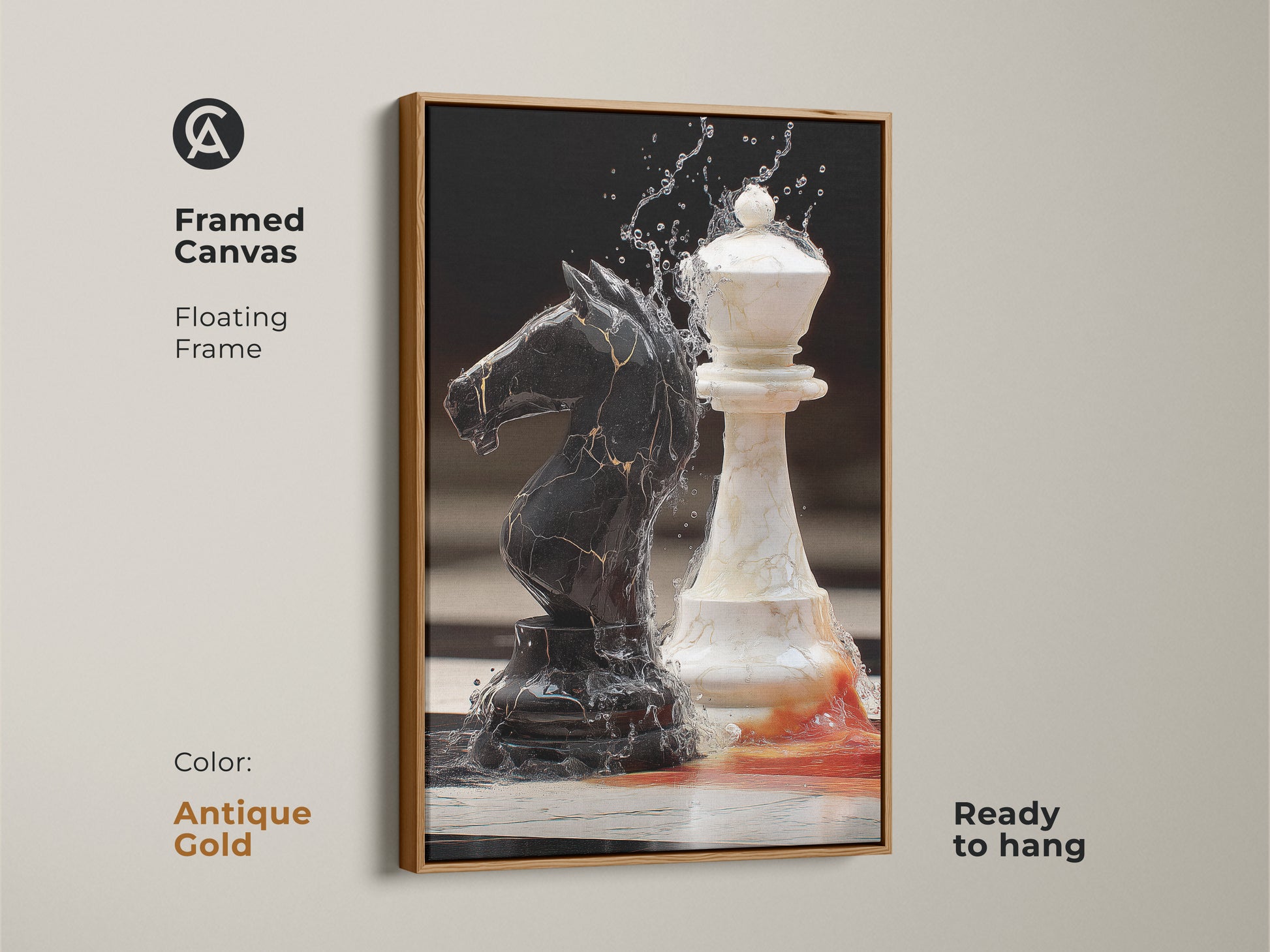 Chess themed modern art in an antique gold frame features a black knight and white queen. This framed canvas is ready to hang as office decor or study room print. Its unique artistic chess pieces create sophisticated wall art.