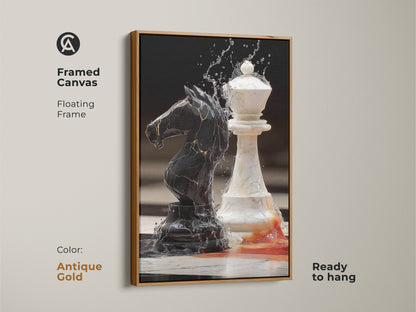 Chess themed modern art in an antique gold frame features a black knight and white queen. This framed canvas is ready to hang as office decor or study room print. Its unique artistic chess pieces create sophisticated wall art.