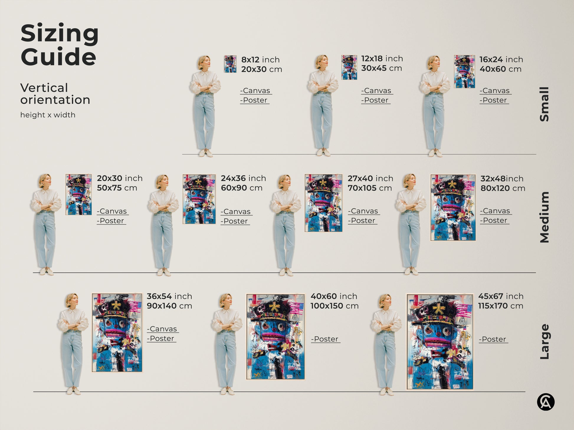 Sizing guide for vertical graffiti character artwork. Find the perfect fit with canvas and poster options. Sizes range from small to large. This abstract pop culture piece in blue and red enhances any space. Elevate your decor with eclectic modern wall art.