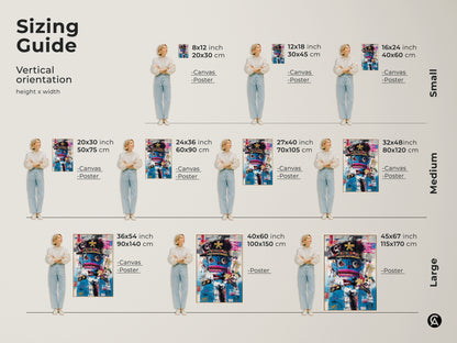Sizing guide for vertical graffiti character artwork. Find the perfect fit with canvas and poster options. Sizes range from small to large. This abstract pop culture piece in blue and red enhances any space. Elevate your decor with eclectic modern wall art.