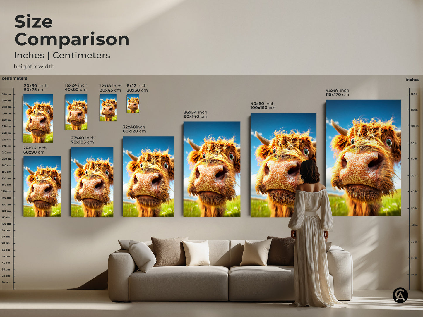 Size comparison of Highland Cow art in inches and centimeters. Various sizes are available as canvas or poster. The expressive animal artwork is a unique home art gift.