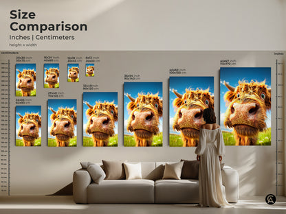 Size comparison of Highland Cow art in inches and centimeters. Various sizes are available as canvas or poster. The expressive animal artwork is a unique home art gift.