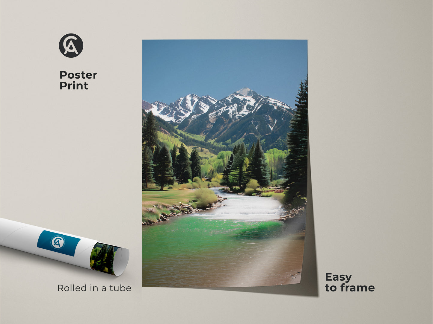 Poster print of a scenic mountain river. The artwork showcases snow-capped peaks and pine trees. It's an easy-to-frame nature landscape. Rolled in a tube for convenient shipping. Ideal for nature lovers.