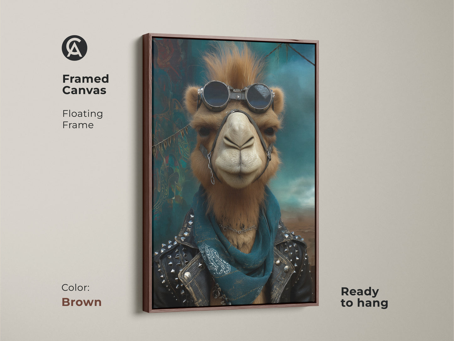 Framed canvas of a punk camel art print with a brown floating frame. The artwork showcases a camel in a studded leather jacket and goggles. This adds a unique touch to any wall. This piece is perfect as cool office decor.