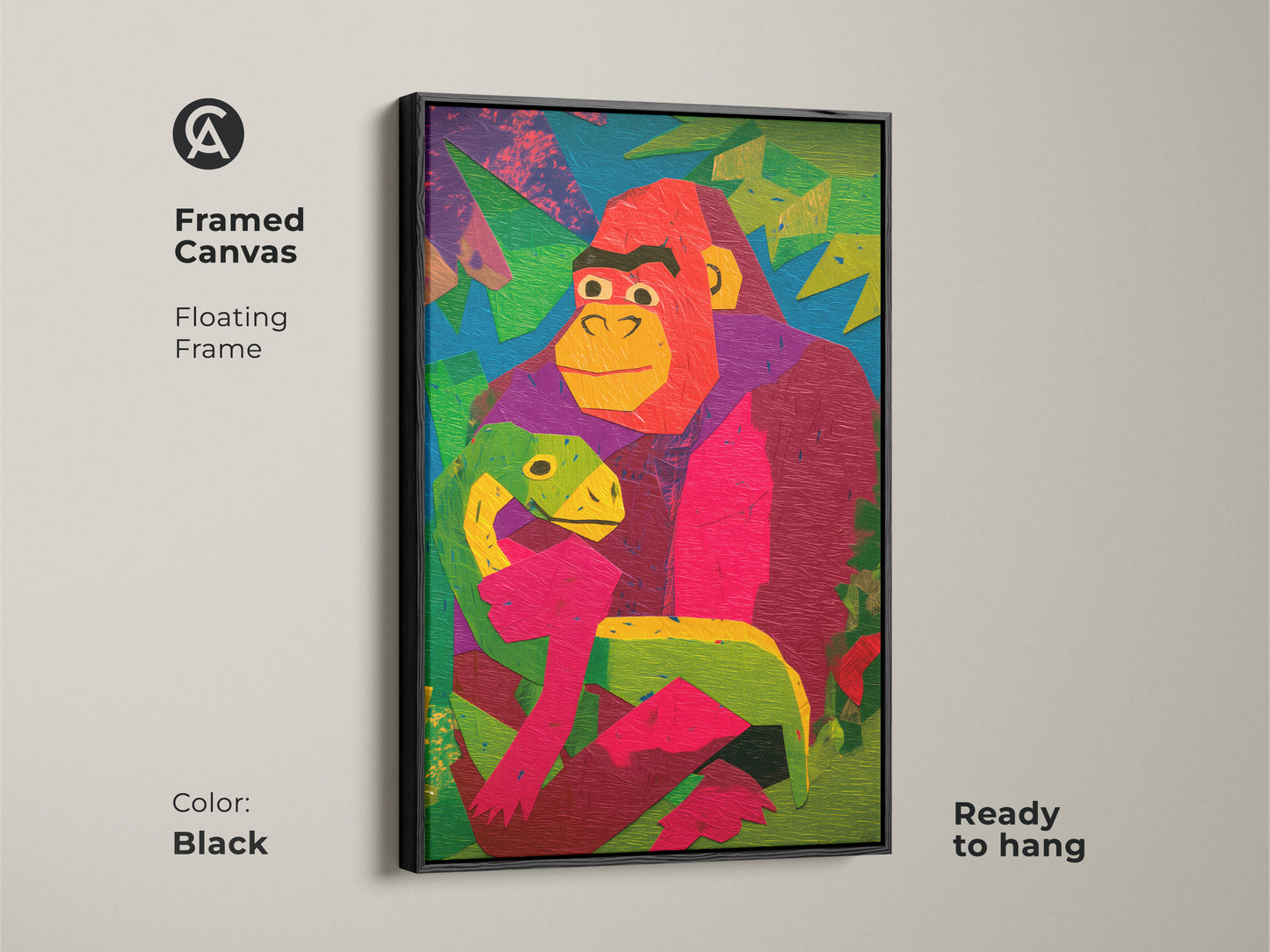 Framed canvas art with a floating frame in black. The artwork features a colorful geometric gorilla holding a baby dinosaur. This ready-to-hang piece adds an eclectic animal touch to any room. Perfect kids nursery wall decor.