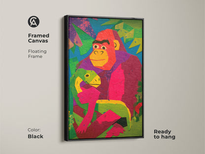 Framed canvas art with a floating frame in black. The artwork features a colorful geometric gorilla holding a baby dinosaur. This ready-to-hang piece adds an eclectic animal touch to any room. Perfect kids nursery wall decor.