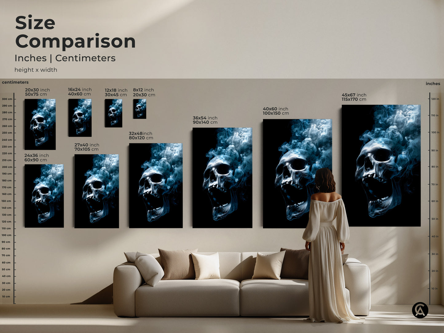 Size comparison of skull art prints. Various sizes shown from small to large. Artwork dimensions in inches and centimeters. Choose the ideal size to enhance your decor with this eye-catching skull artwork.