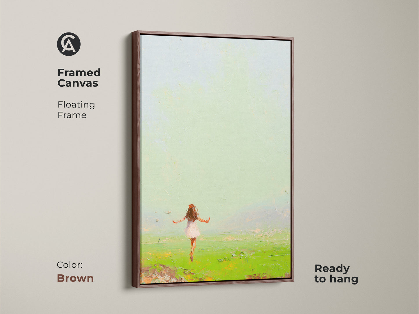 Transform your home with this framed canvas art print. This expressive girl in field painting brings nature's wonder to any room. The artwork features Emerald Green and Sky Blue tones. The brown floating frame complements the boho aesthetic. It is a perfect gift for dreamers and artists. Ready to hang.